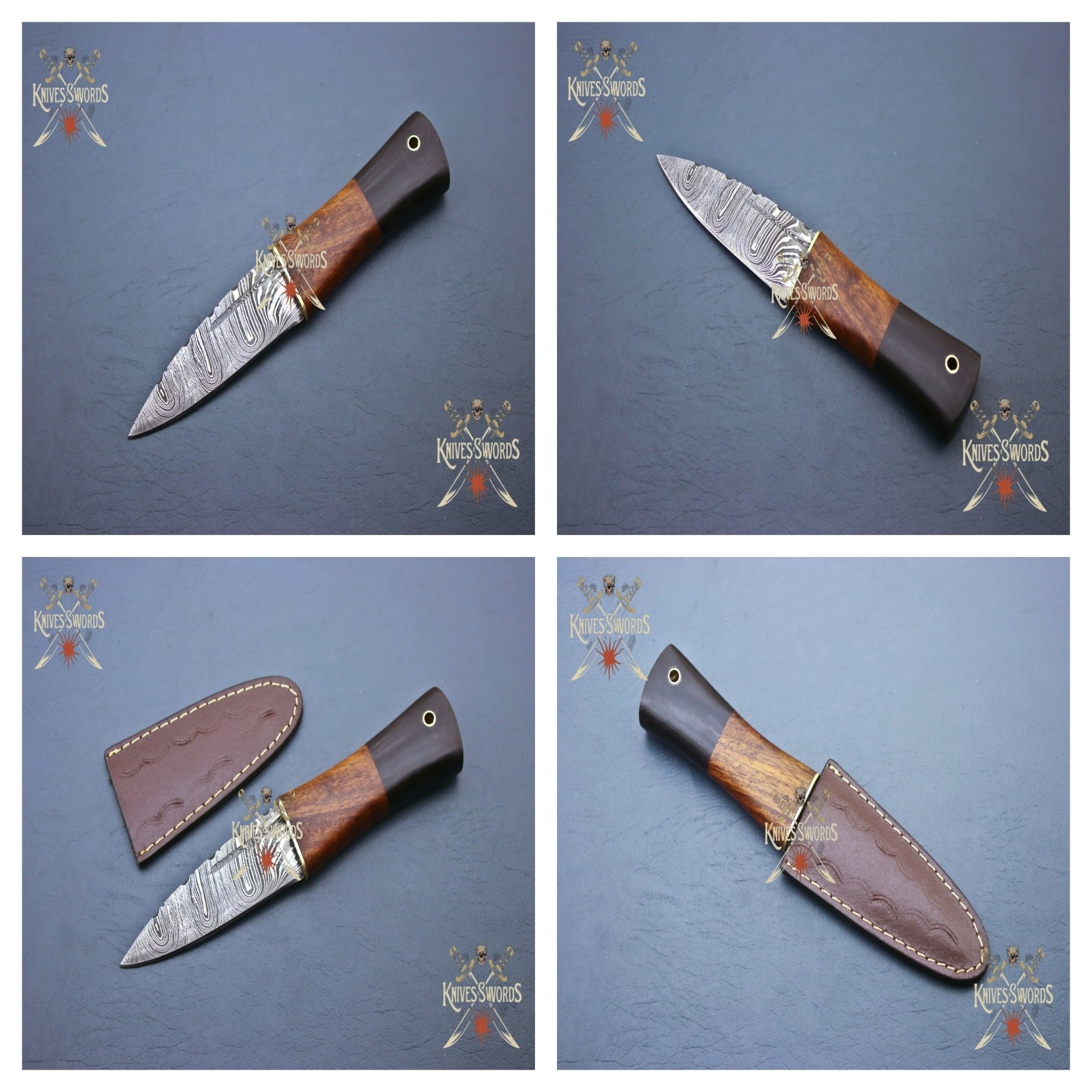 Handmade Damascus Steel Hunting Knife with Walnut Wood Handle & Leather Sheath