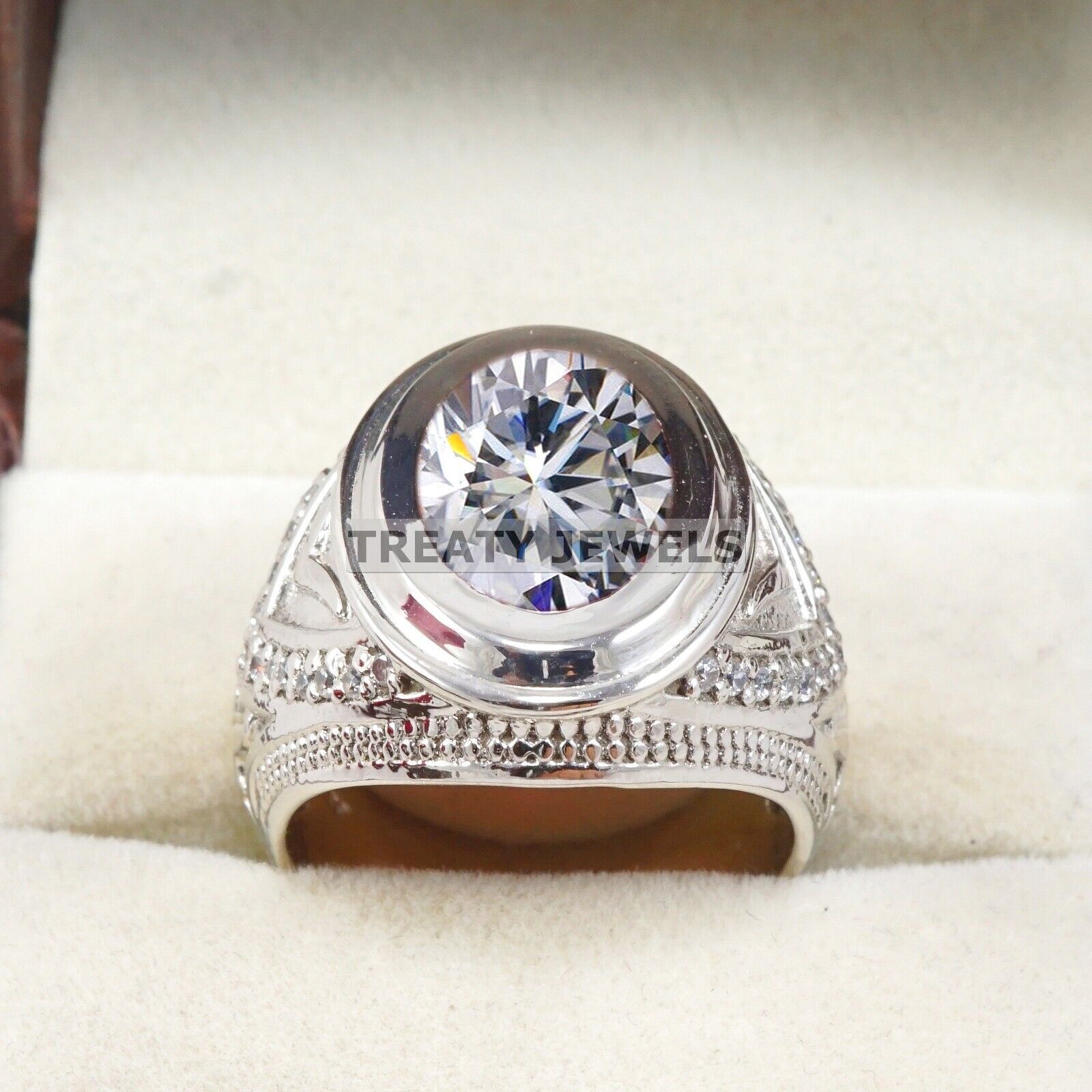 Moissanite Oval Cut Gemstone With 14K Solid White Gold Ring For Men's #B311