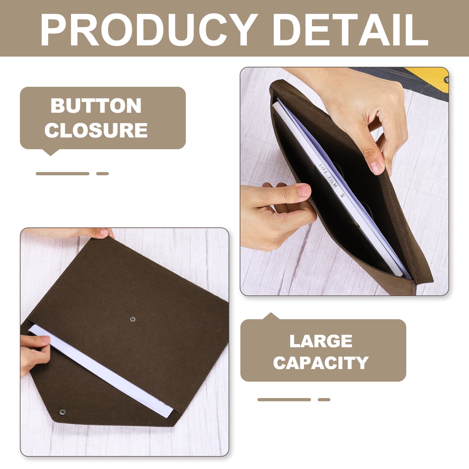 2 Pcs Felt File Folders, Folder File Document with Button Closure(Dark Brown)