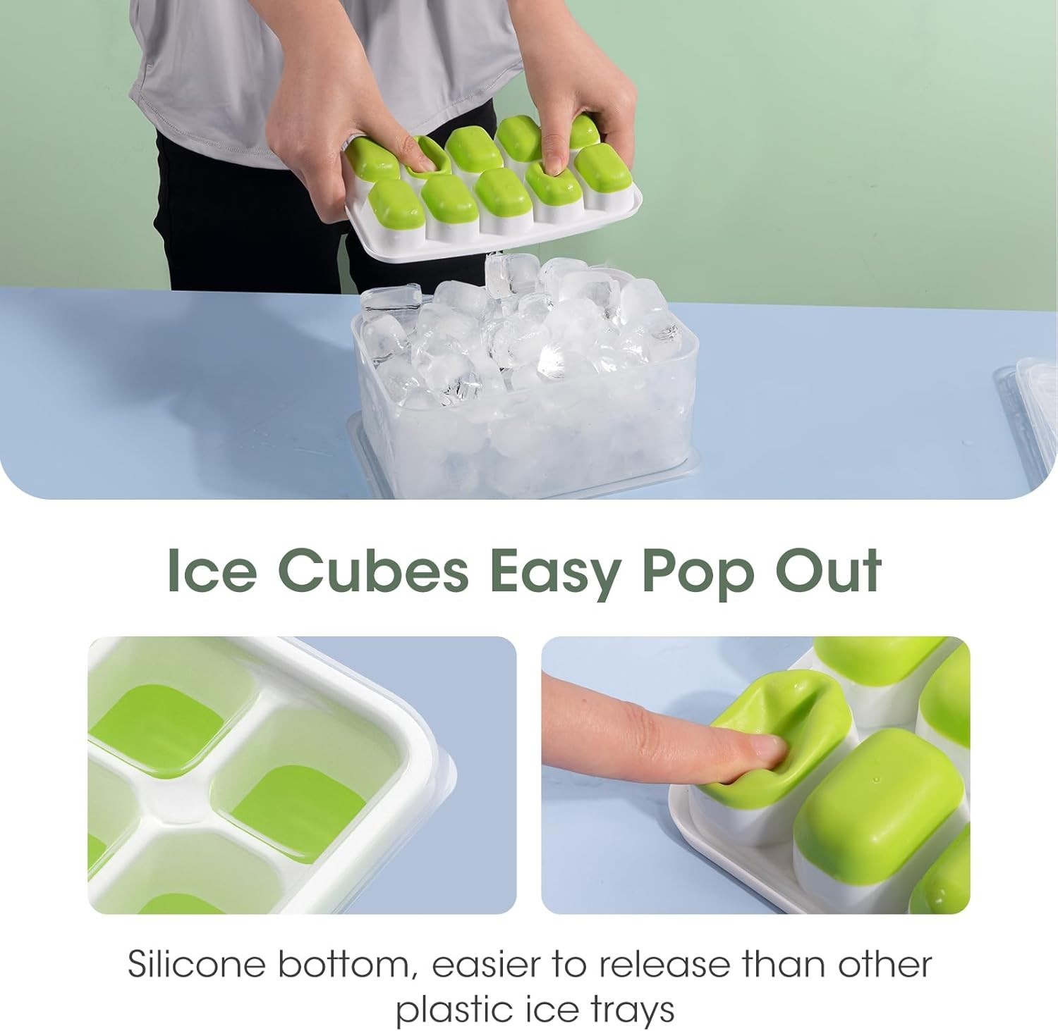 Silicone Ice Cube Trays for Freezer, 4 Pack with Storage Bin &