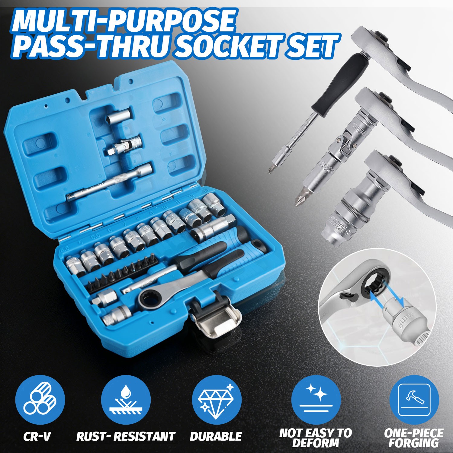 29PCS Pass Through Socket Set 1/4 Inch Drive Impact Wrench Kit Deep Socket Tools