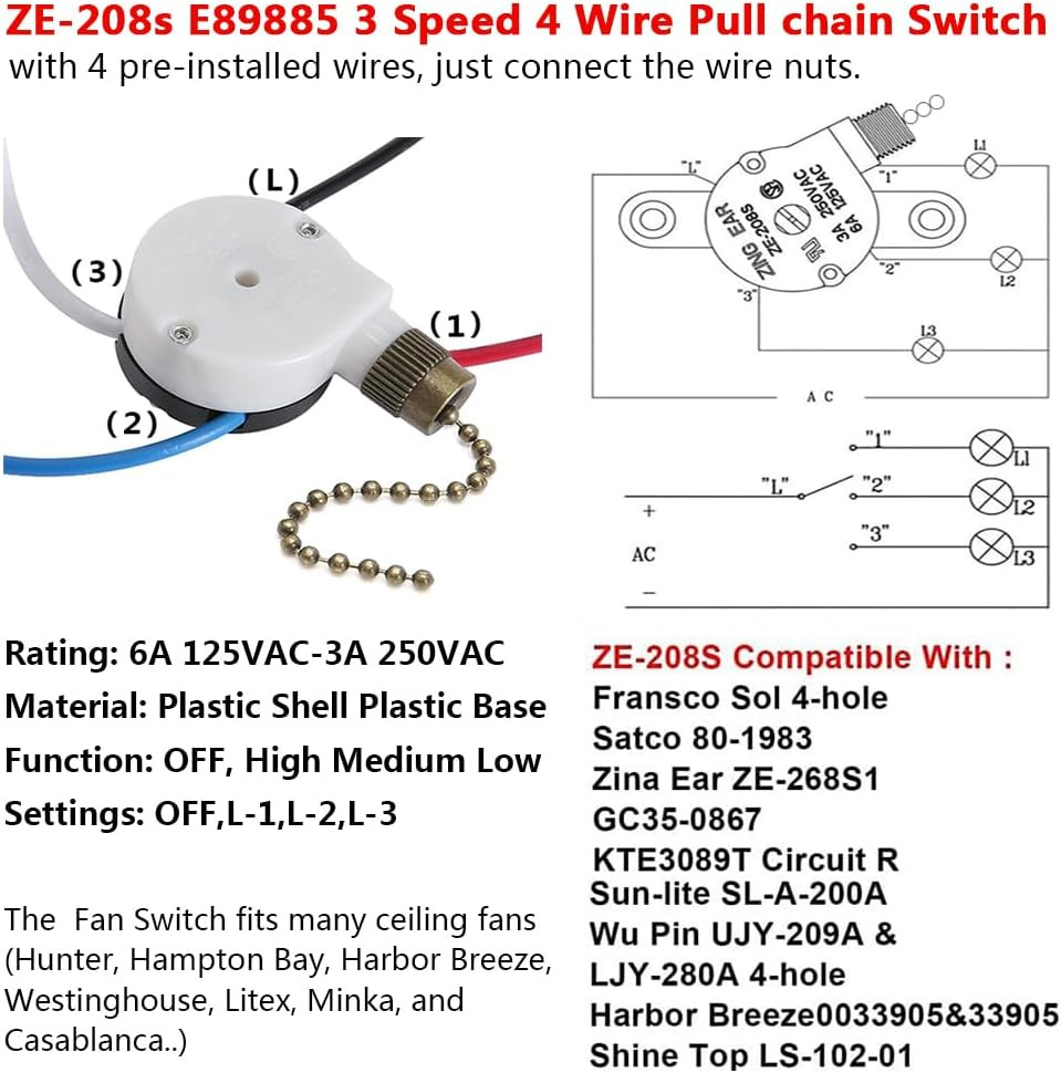 Bronze Ceiling Fan Switch 3 Speed Pull Chain Compatible With Hunter Hampton Bay