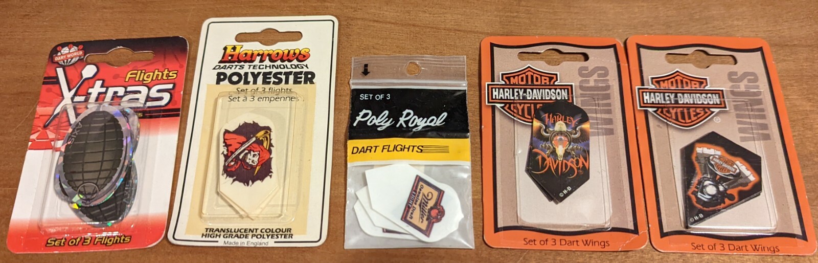 Lot of (5) NOS Dart World flights in packaging, assortment #B 16-20 Harley, Beer