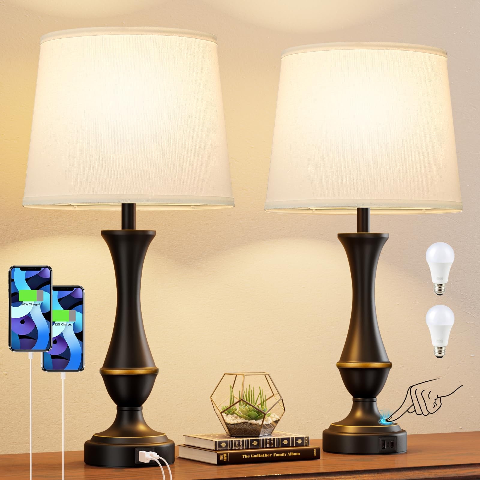 Touch Lamps for Nightstand, 3 Way Medium（22 In）, B. White Shade & Black Base