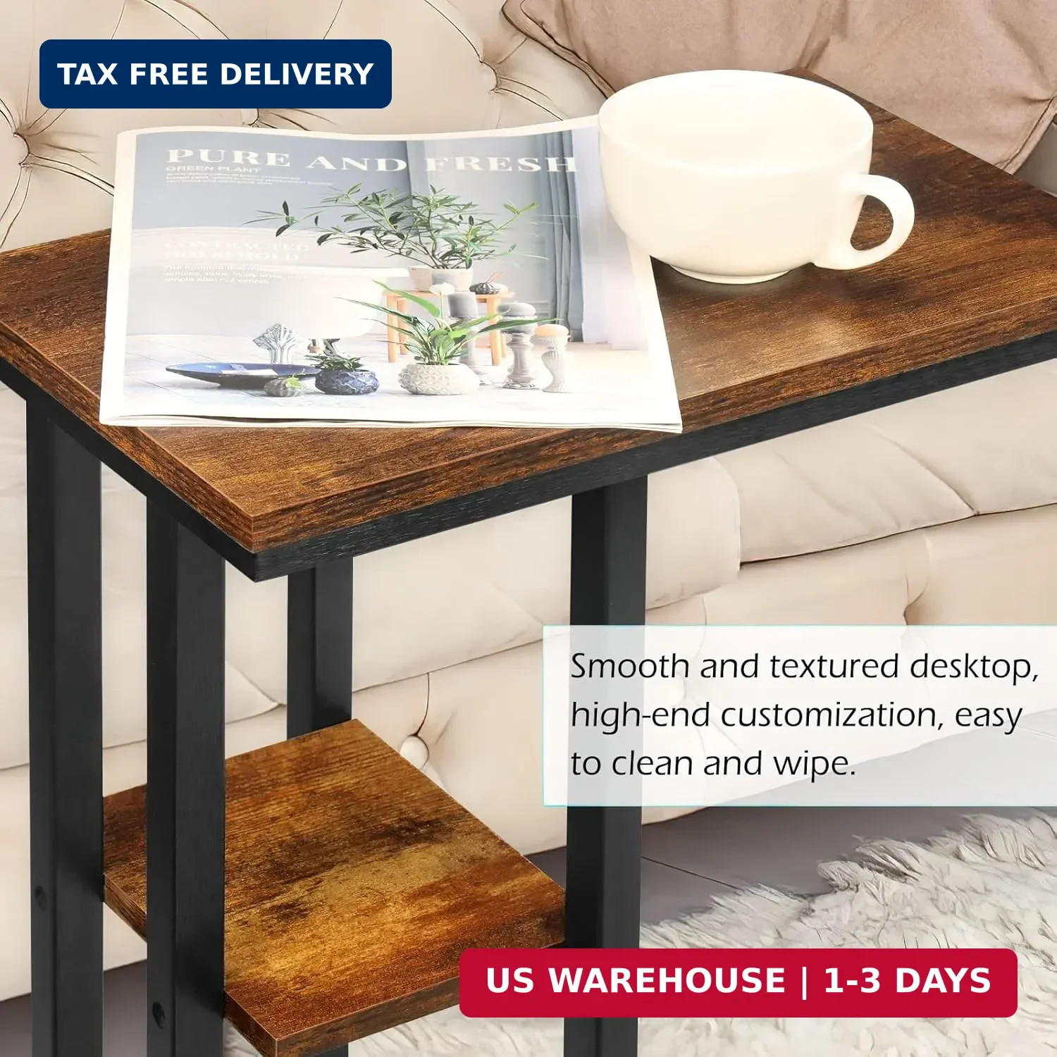 C Shaped Side Table for Sofa, Couch End Table for Small Spaces，Skinny Couch Side