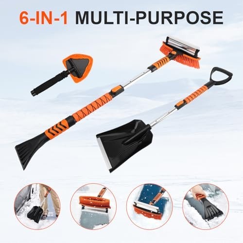 Extendable Snow Brush & Ice Scraper Combo Kit - 6-in-1 Snow Removal Tool for Car