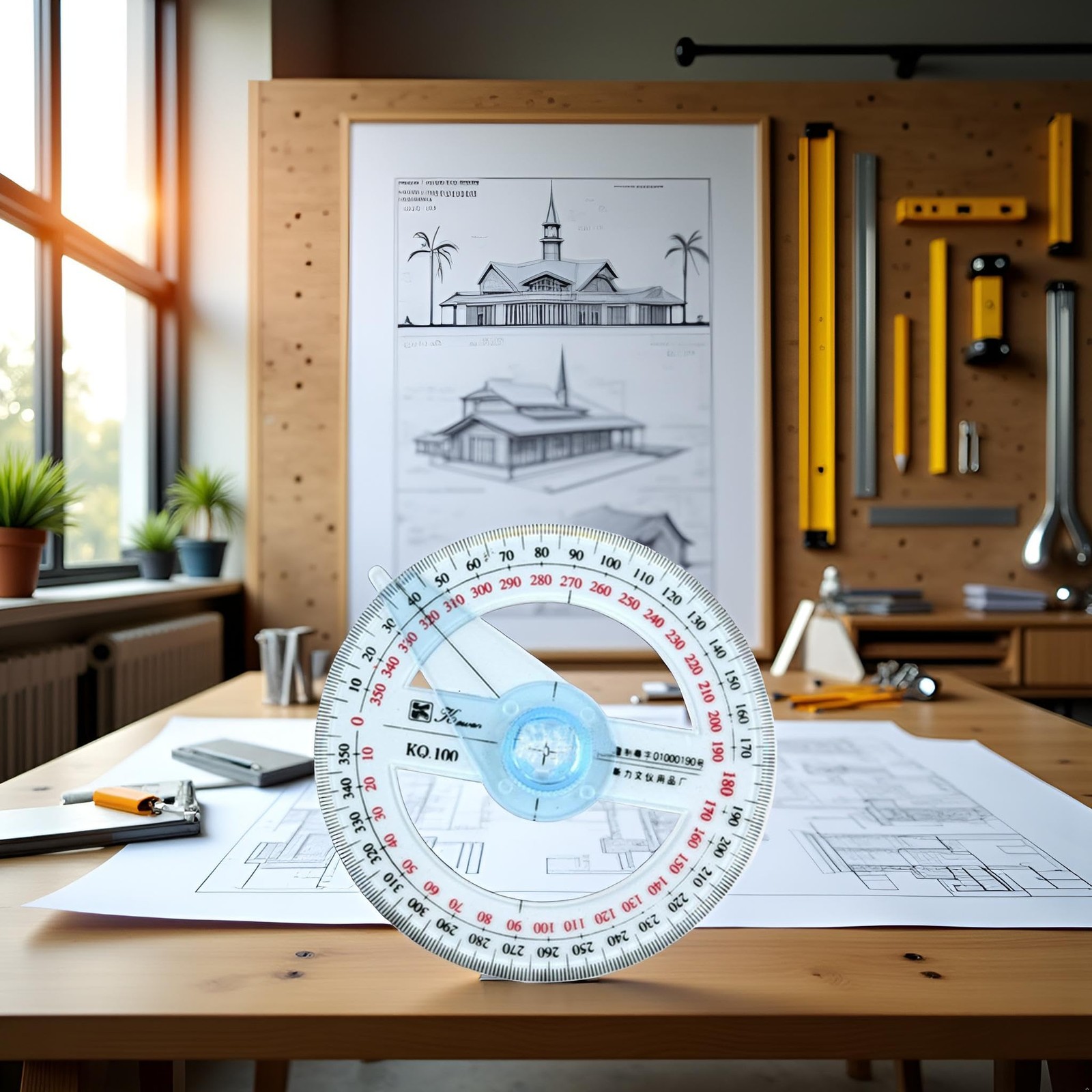 Blue 360 Degree Angle Measure Circle Protractor Plastic Drafting Ruler