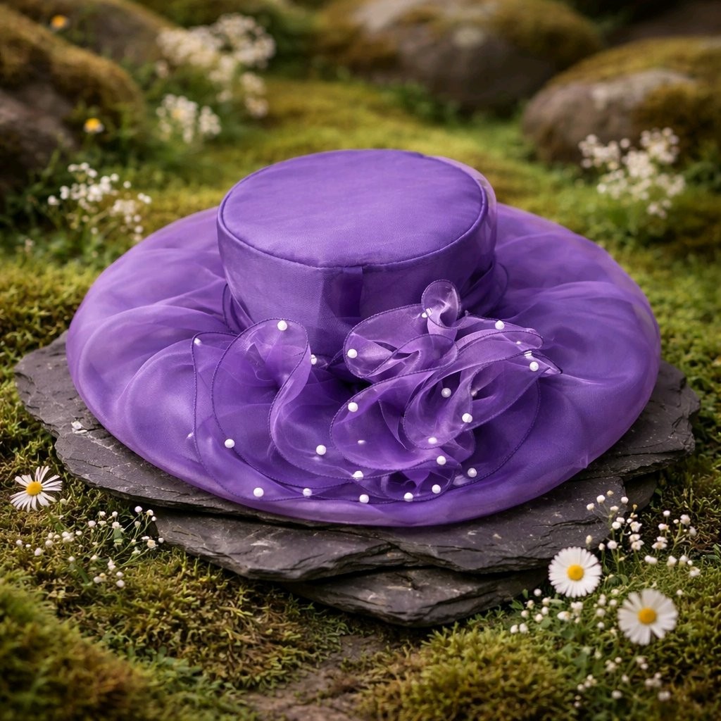 Purple Organza Wide Brim Formal Women's Hat with Pearl Accents
