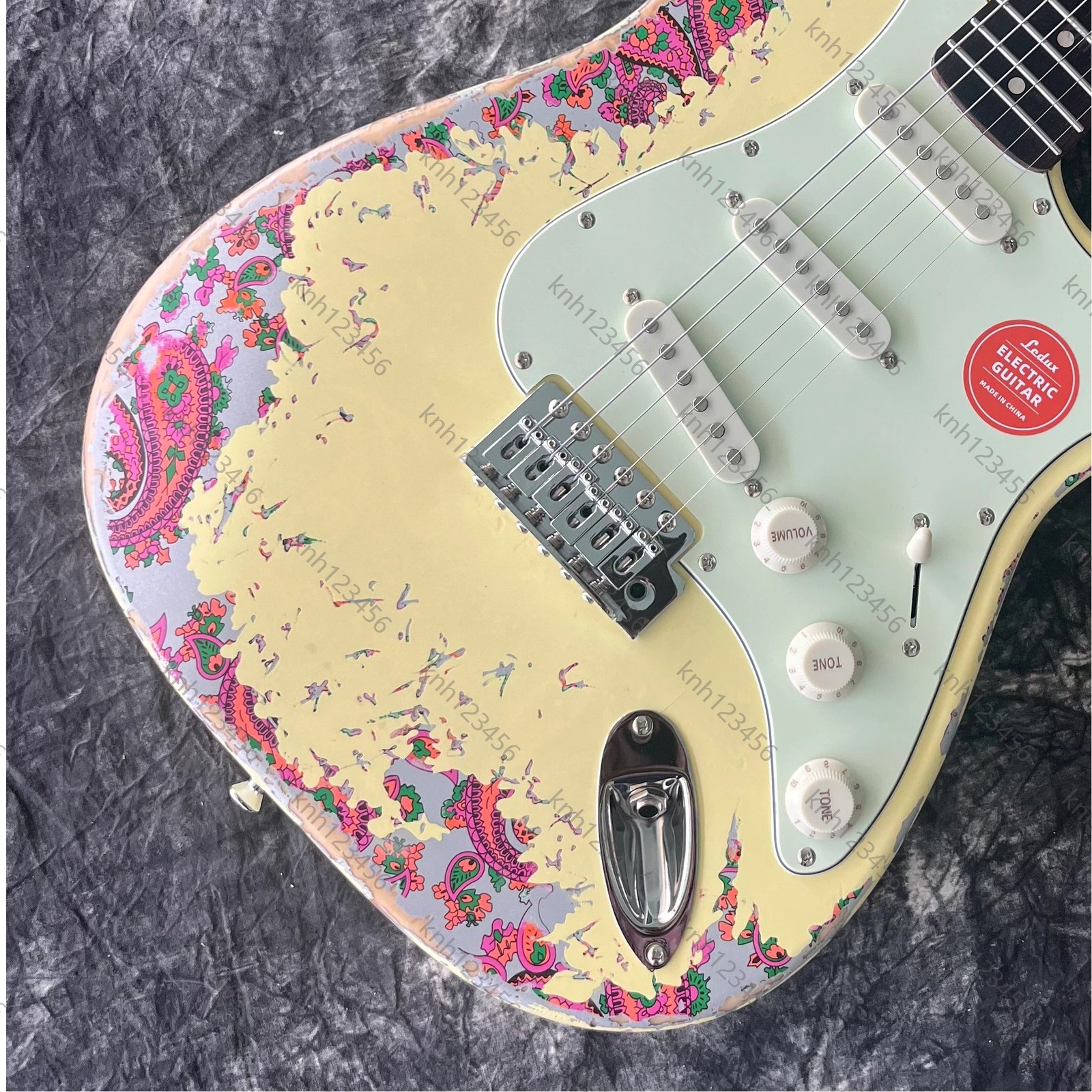 Worn Pale Yellow Floral Print Double Cut Electric Guitar SSS Pickups  Free Ship