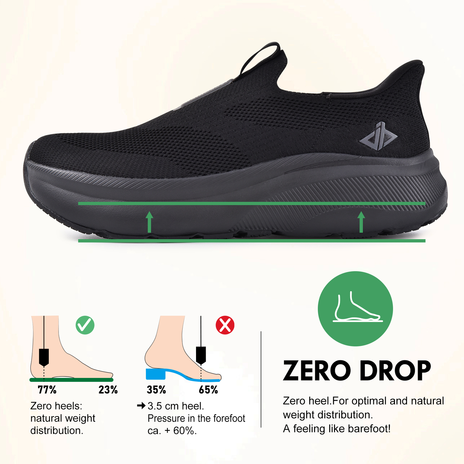 BLACK Slip on Free up Hands Shoes Wide Toe Box Arch Support Orthopedic Sneakers