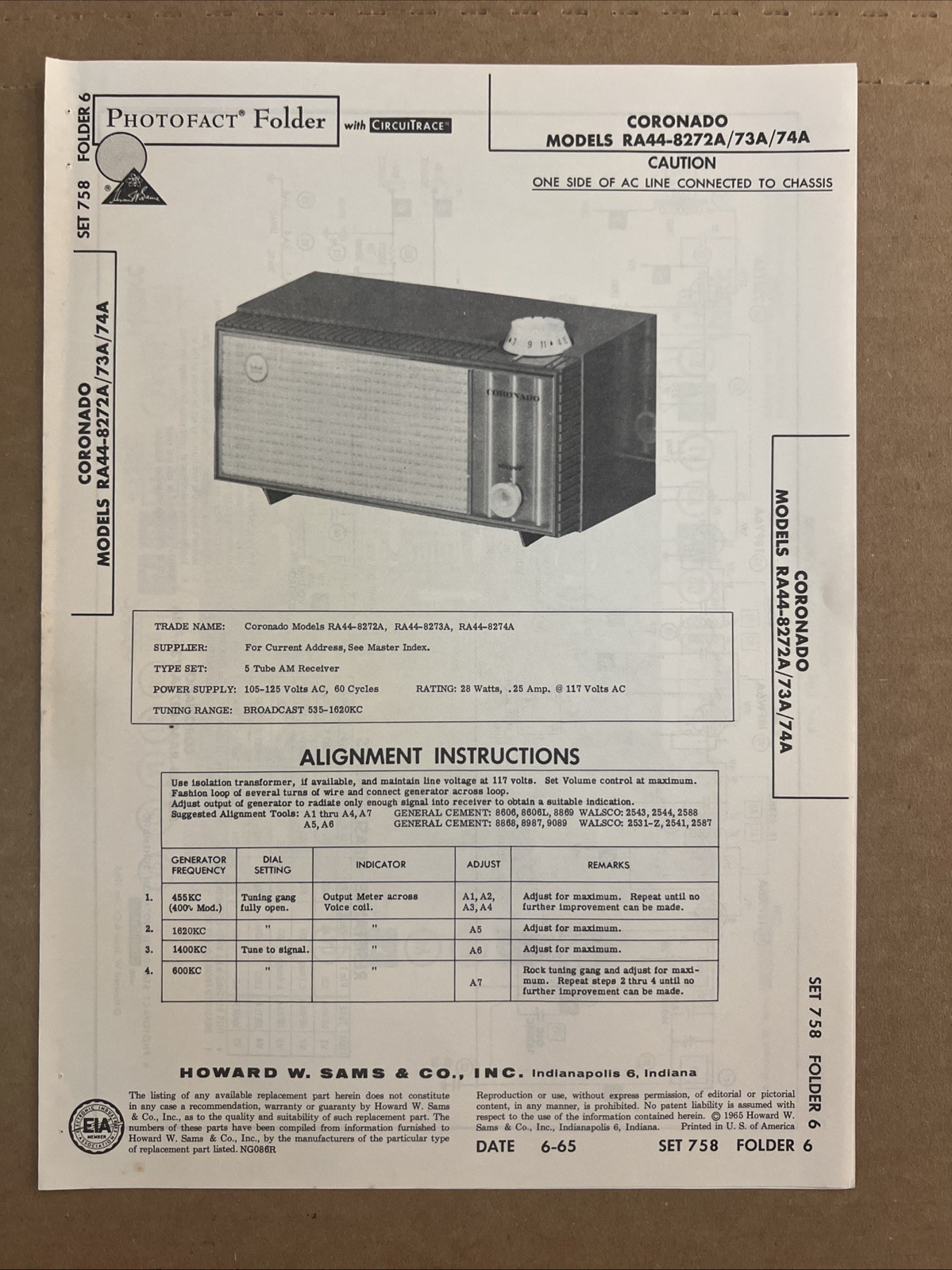 Vintage Sams Photofact Schematic 6-1965 CORONADO MODA RA44-8272A/73A/74A