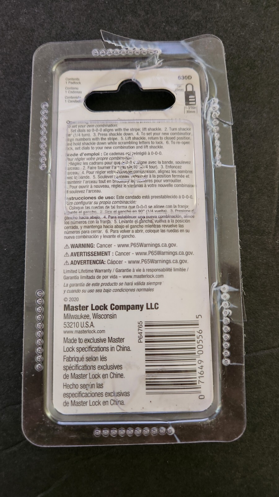 Master Lock 3-Digit Combination Lock Aluminum P64765 630D
