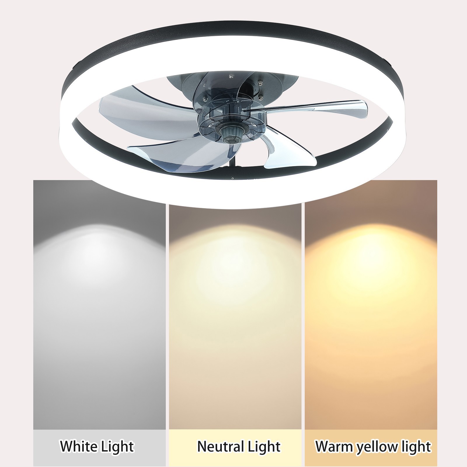 20 inch Black Flush Mount LED Ceiling Fan with Light Remote APP Control Modern