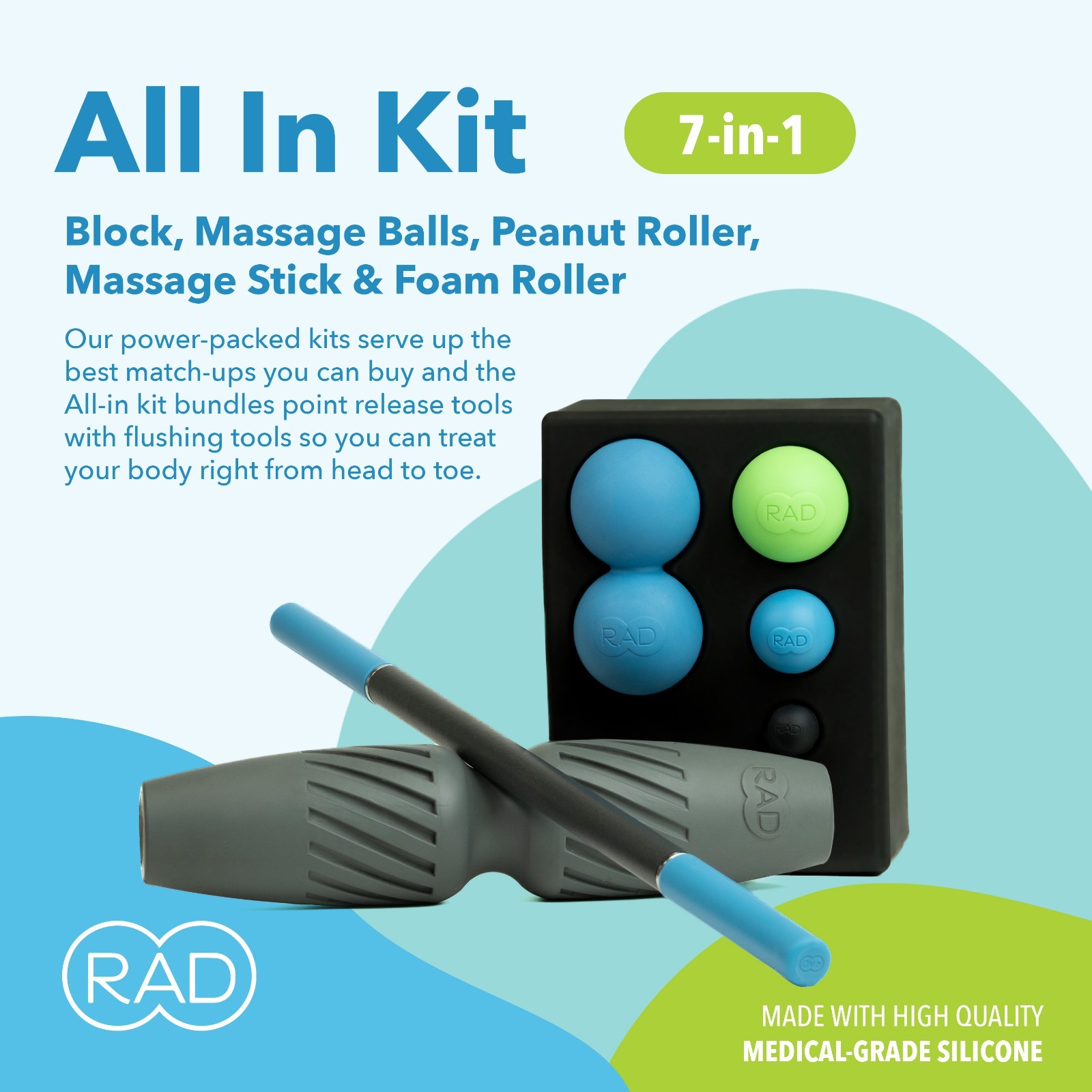 RAD All-in Kit – Foam Roller Set for Whole Body Massage – 7 in 1 Kit - NEW