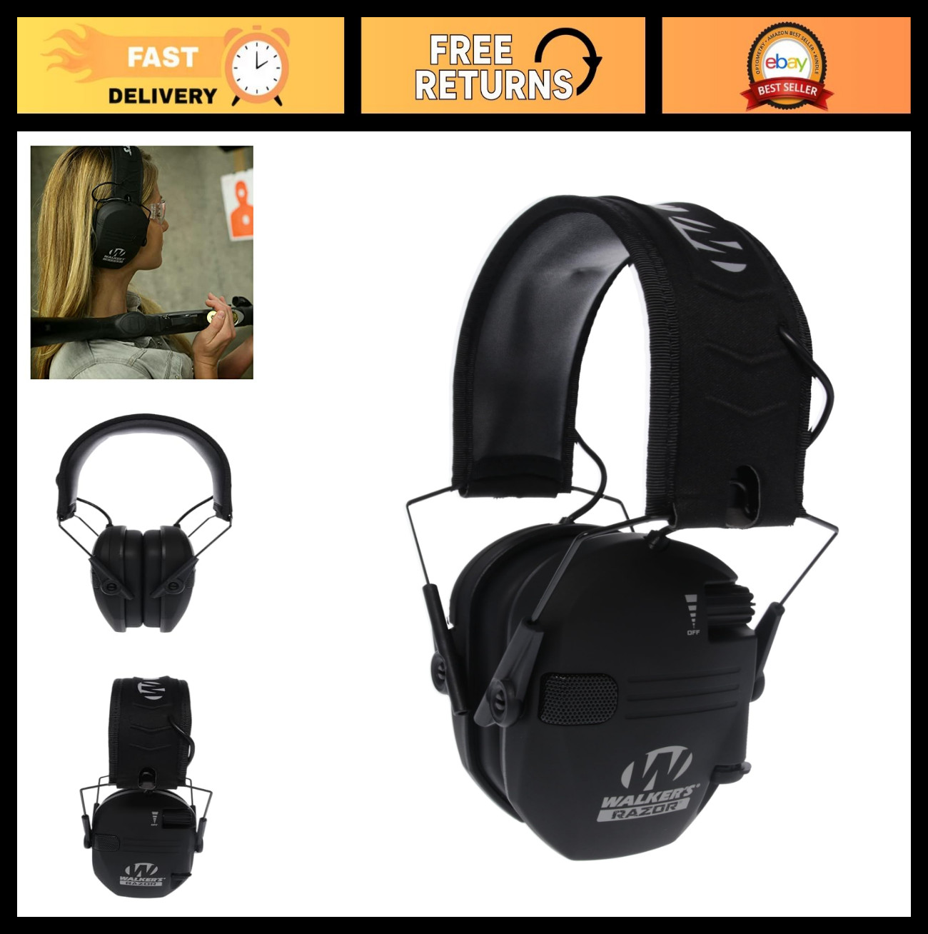 Slim Electronic Shooting Ear Muffs, Noise Cancelling, Adjustable Headband, Light