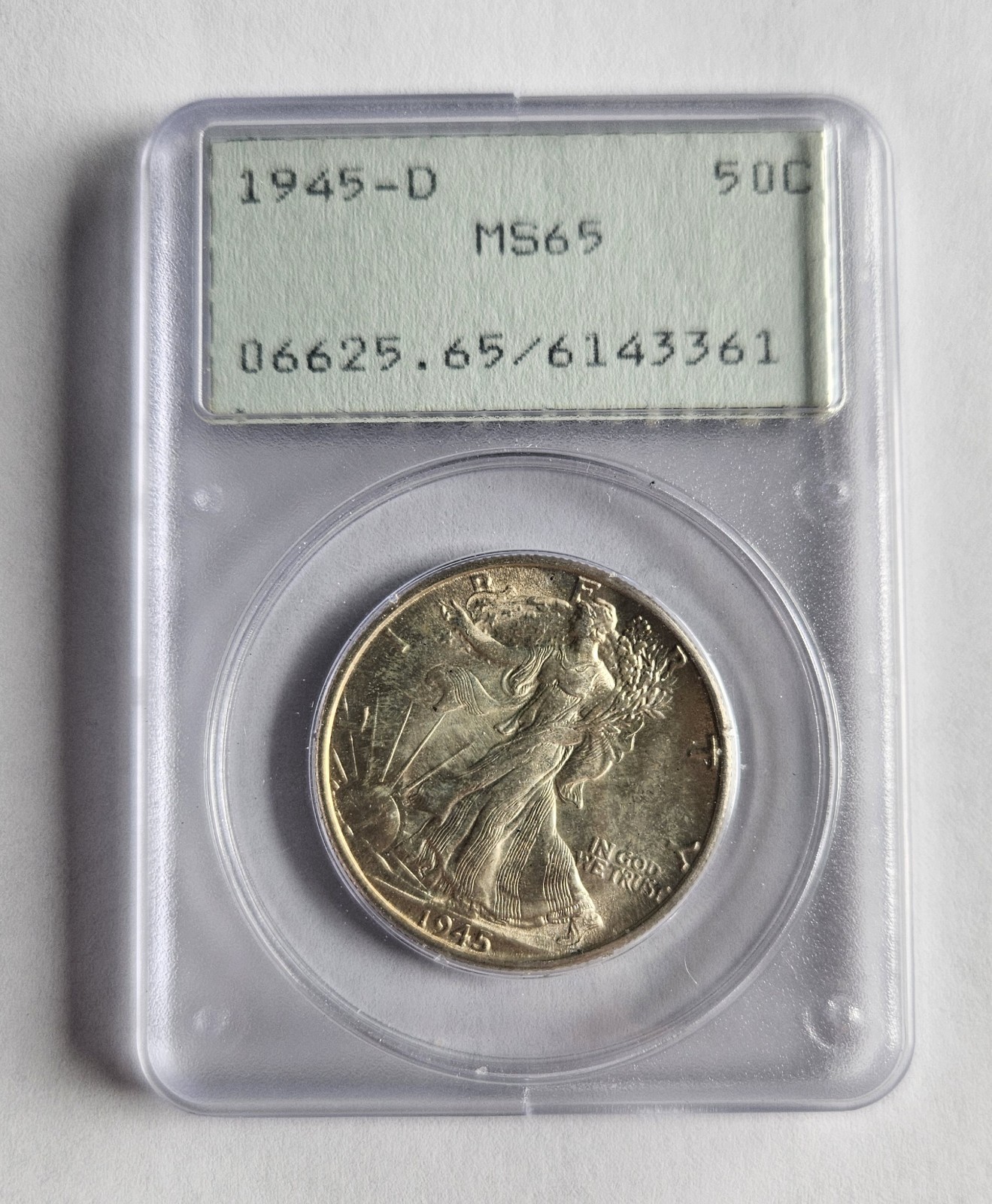 Toned Rattler 1945 D MS65 Walking Liberty Half Dollar PCGS MS65