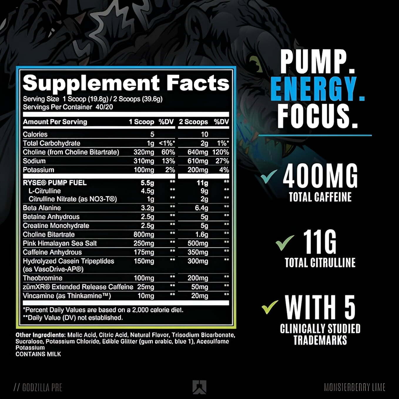 RYSE Godzilla Pre Workout Monsterberry Lime Exp: 02/2025 NO REFUNDS