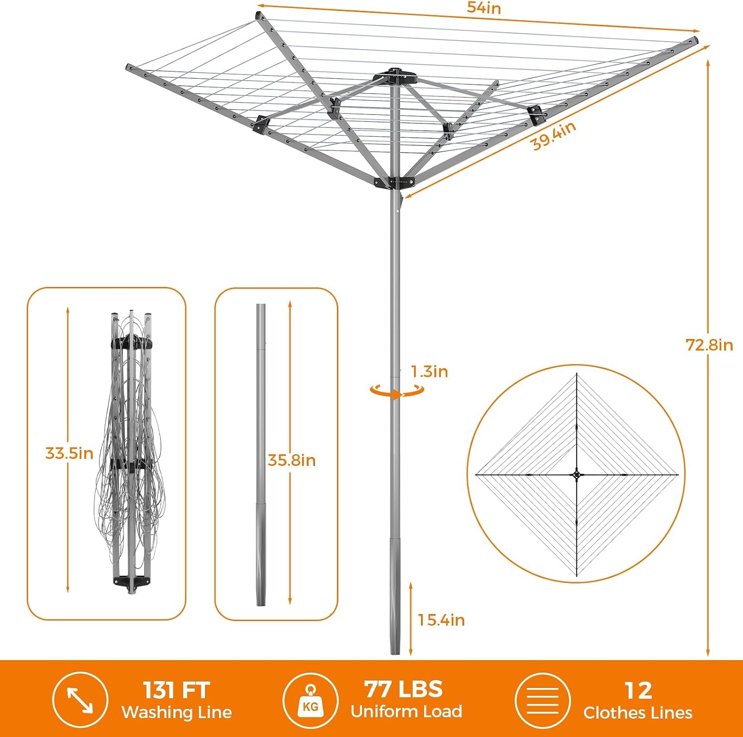 131FT Outdoor Collapsible Drying Rack with 4-Arm Rotary Design