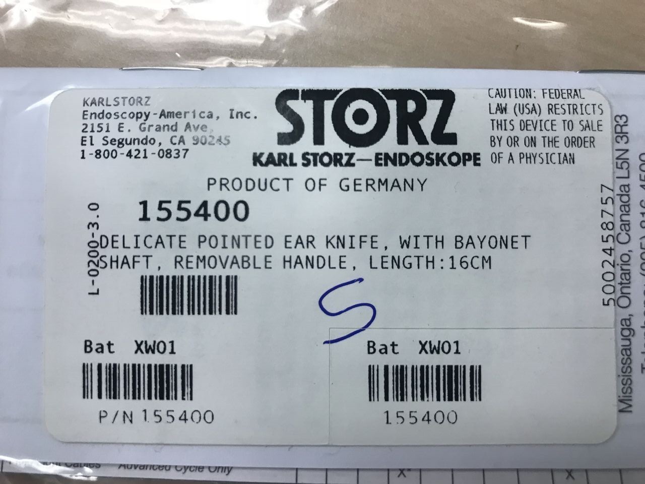 155400 KARL STORZ Delicate pointed ear knife, with baynet shaft, removable ha