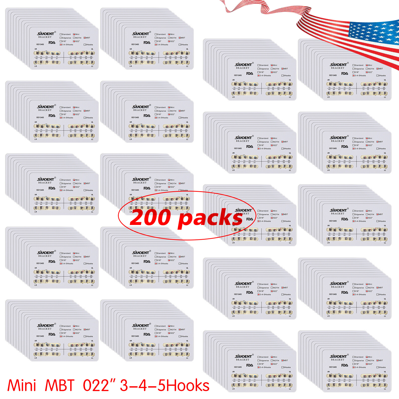 10-200 Packs SANDENT Dental Orthodontic Brackets Braces Mini MBT.022Hooks 345 SA