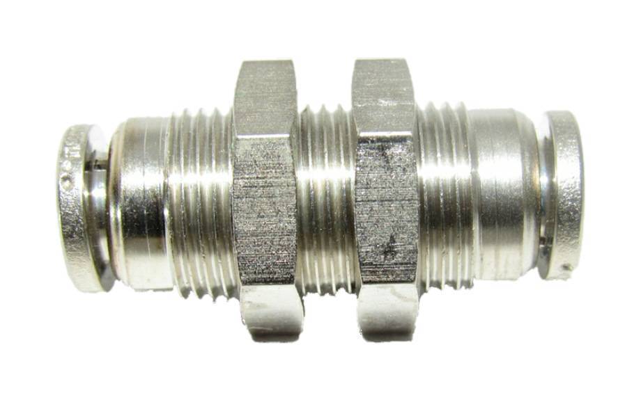 1/4" OD Hose Push To Connect Bulkhead Union Fitting, Nickel Plated Brass