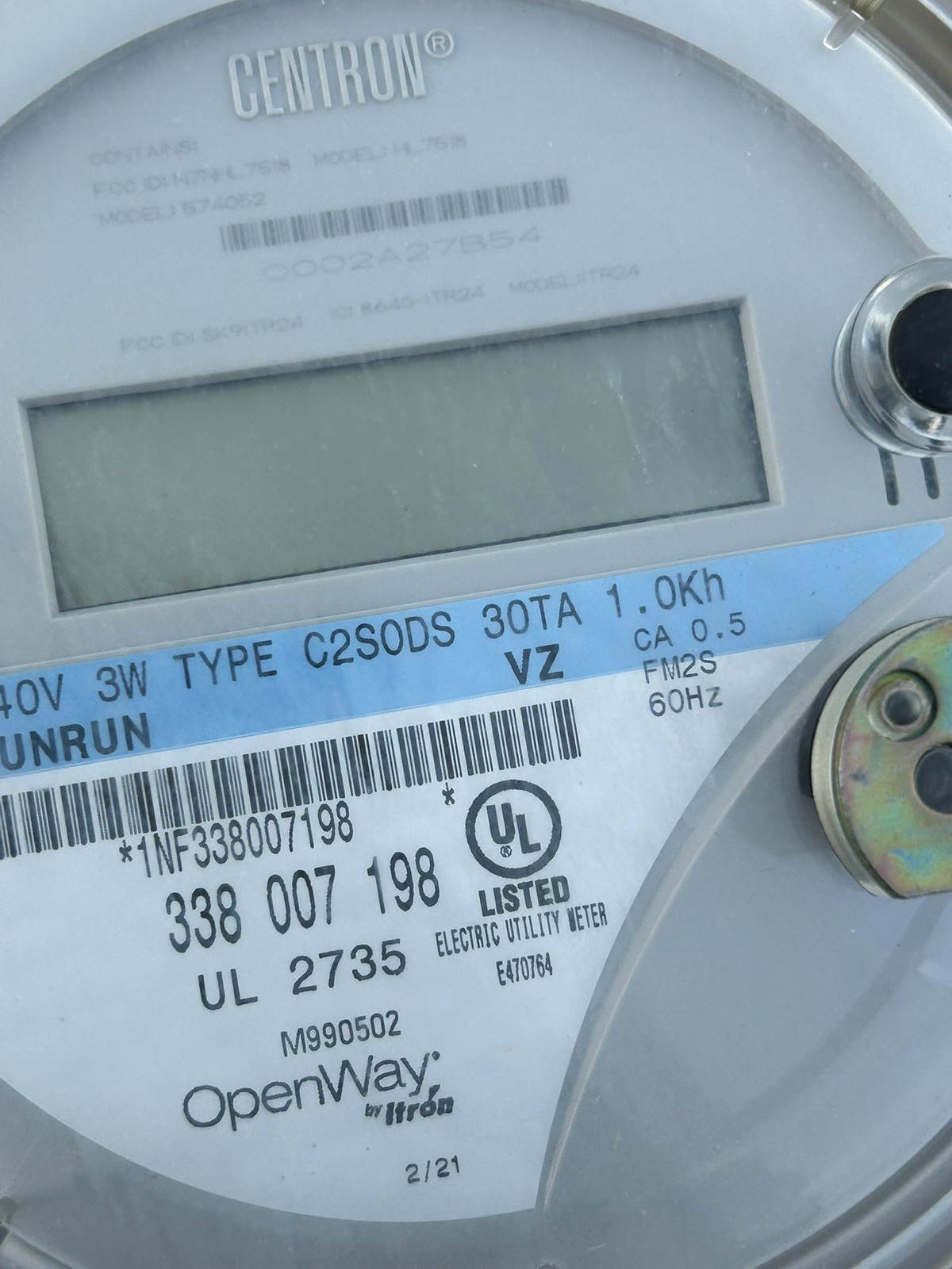 CENTRON ITRON Sunrun Openway Smart Meter CL200 240V 3W Type C2S0DS