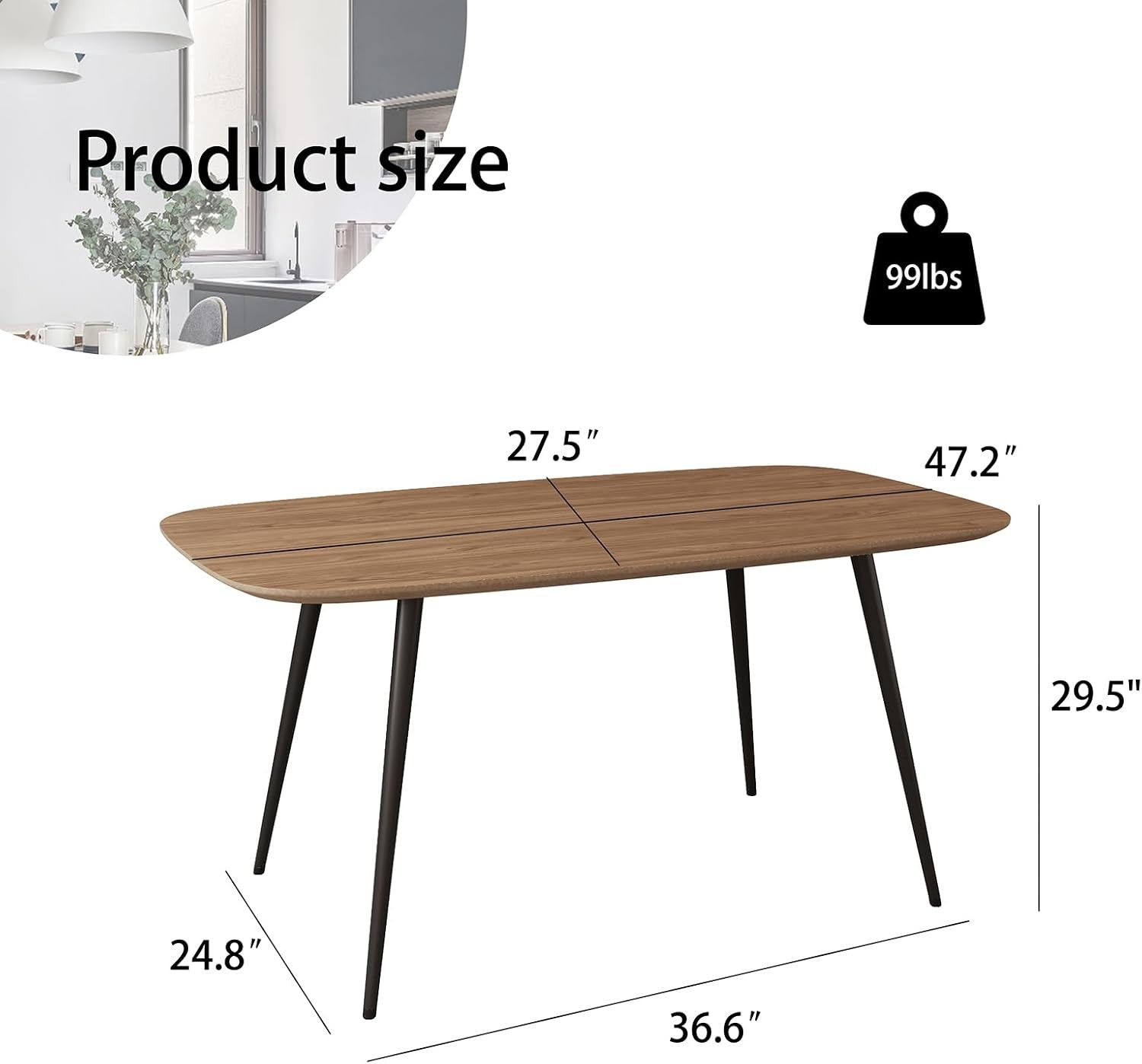 47.2" Modern Farmhouse Dining Table Wooden Rectangular Dining Table with Metal