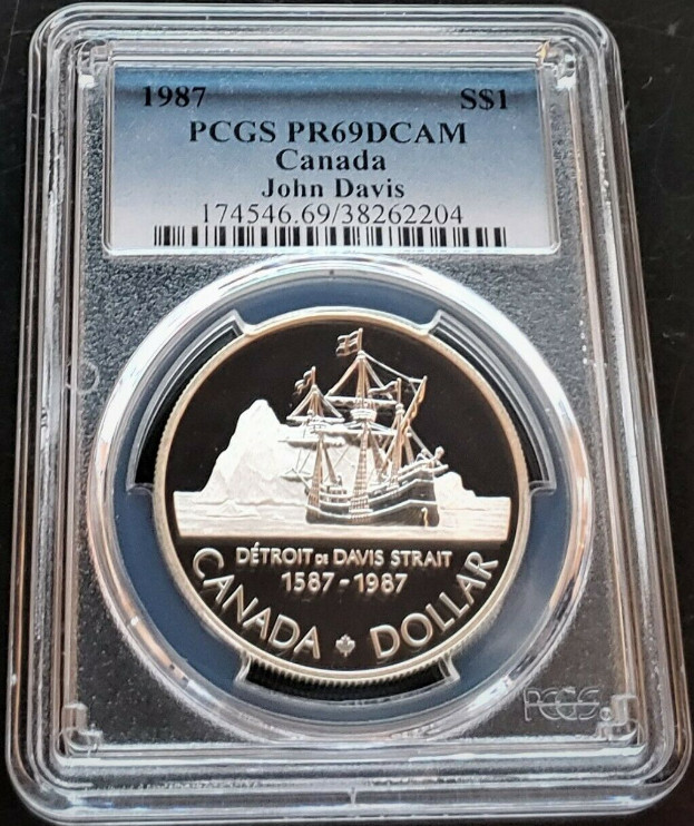 :1987 S1$ JOHN DAVIS CANADA SILVER DOLLAR PCGS PR-69-DCAM DEEP CAMEO KM#154 R4