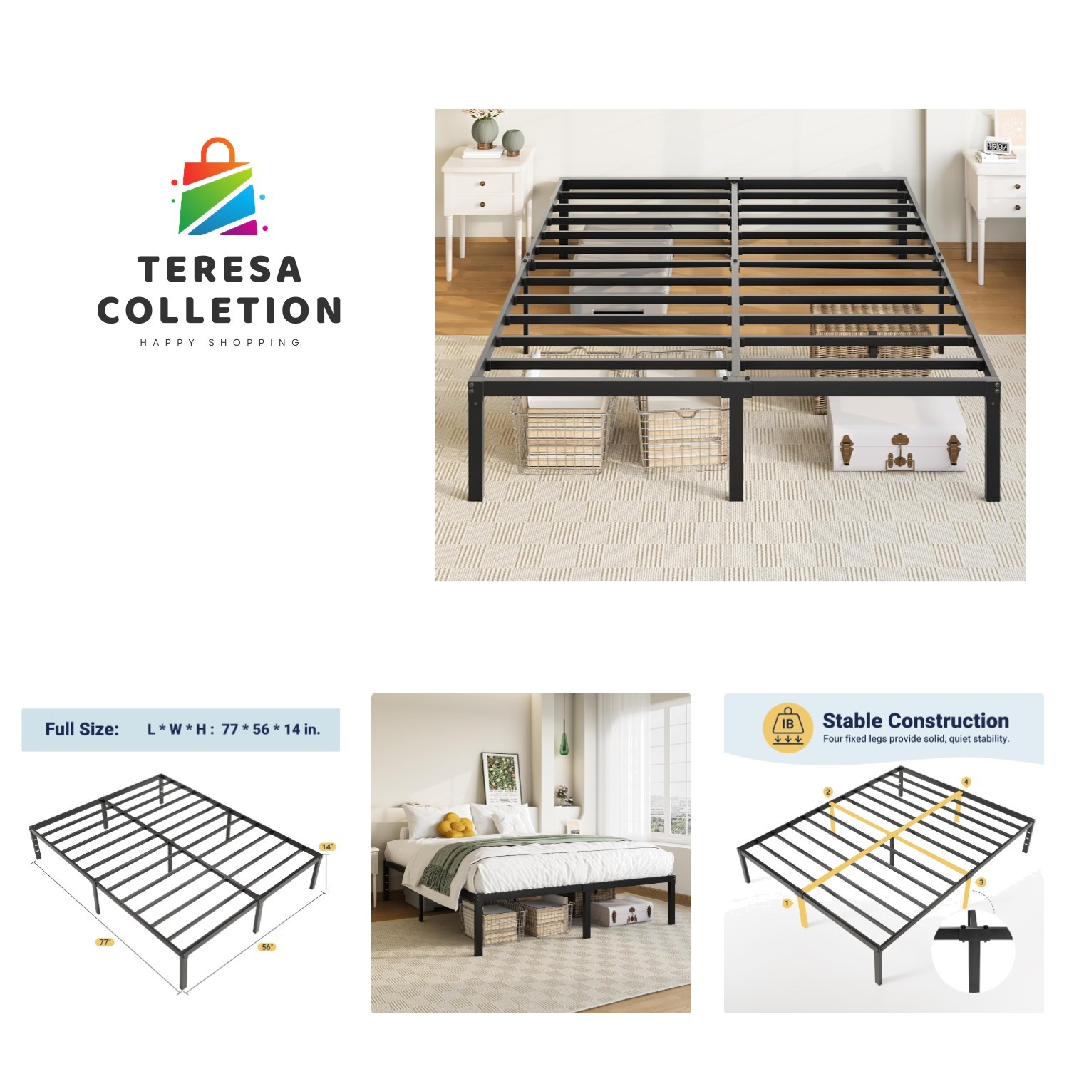 Minimalist Full Size Bed Frame - 14 Inch Metal Design with Storage & Stability