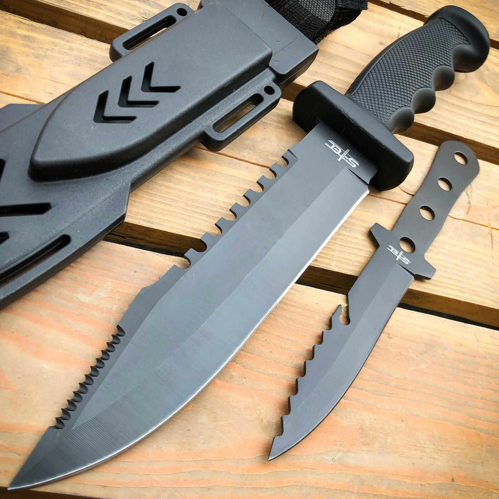 12.5" TACTICAL SURVIVAL Hunting FIXED BLADE Army Bowie w/ Throwing Knife NEW