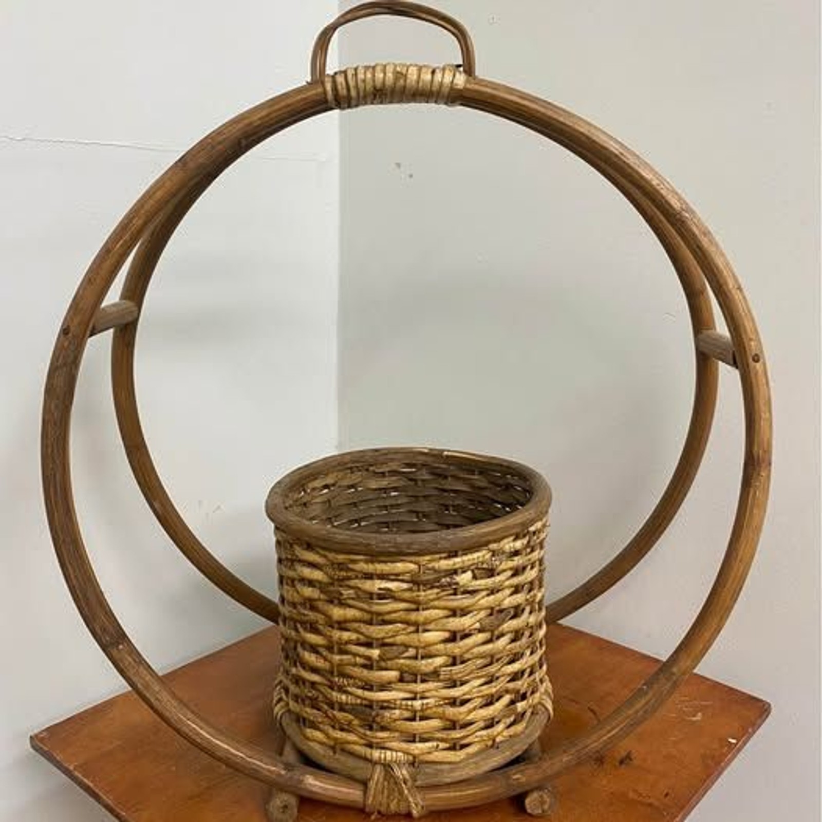 Vtg Boho Bent Bamboo Rattan Wood Hanging Basket Hoop MCM Planter 20” x 18” x 8”