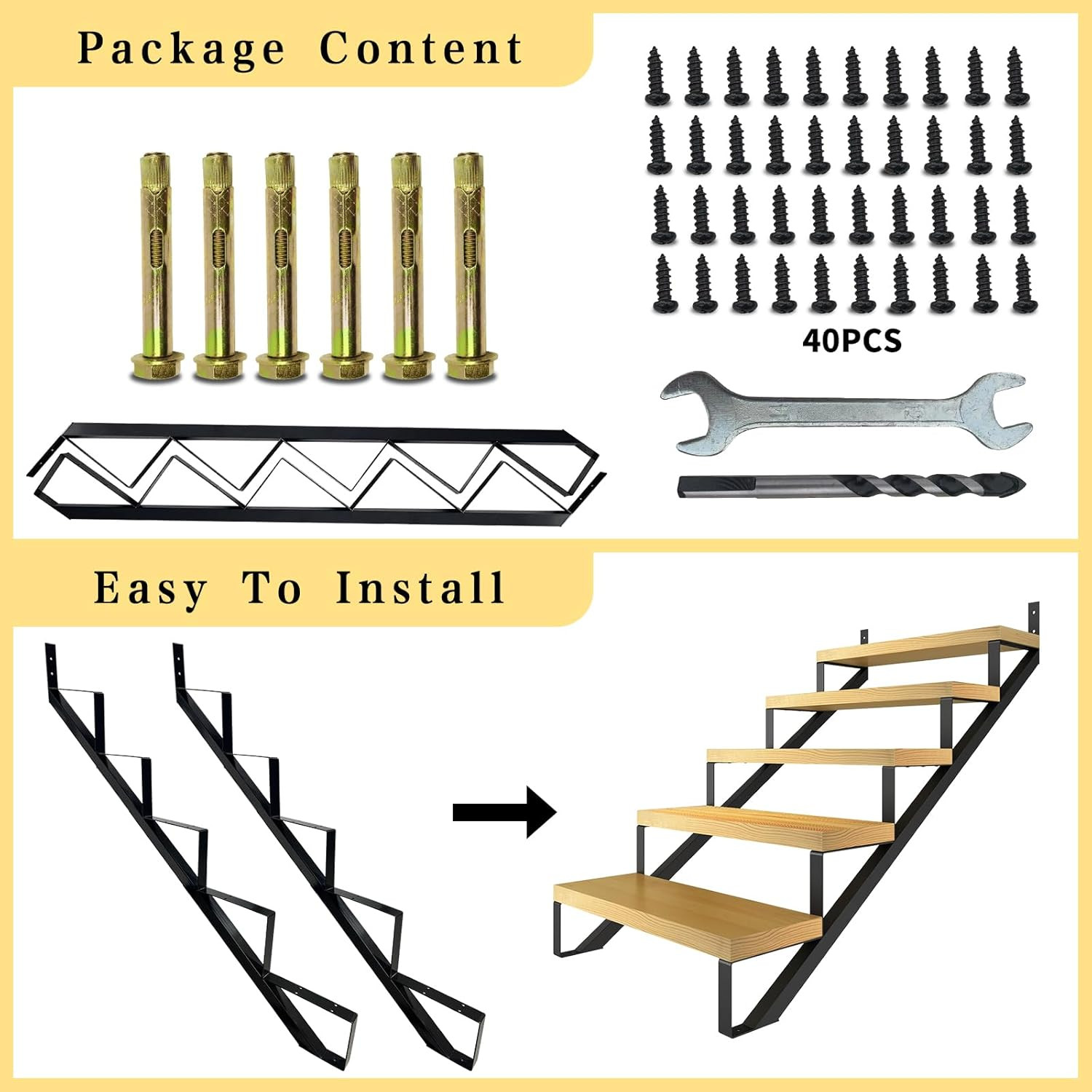2 Packs Metal Stair Step Stringers, 5 Step Steel Riser Stringer for 42.4Inch Hei