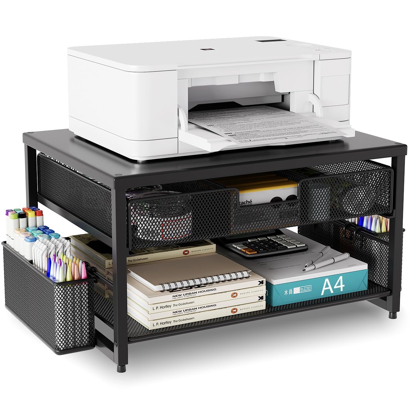 BOKIOVIN Metal Desktop Printer Stand with Storage Drawer & 2 Pen Holders,2 Ti...