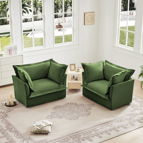 Set of 2 Slipcovered Armchairs Sets with Large Soft Pillow Chenille Fabric Green