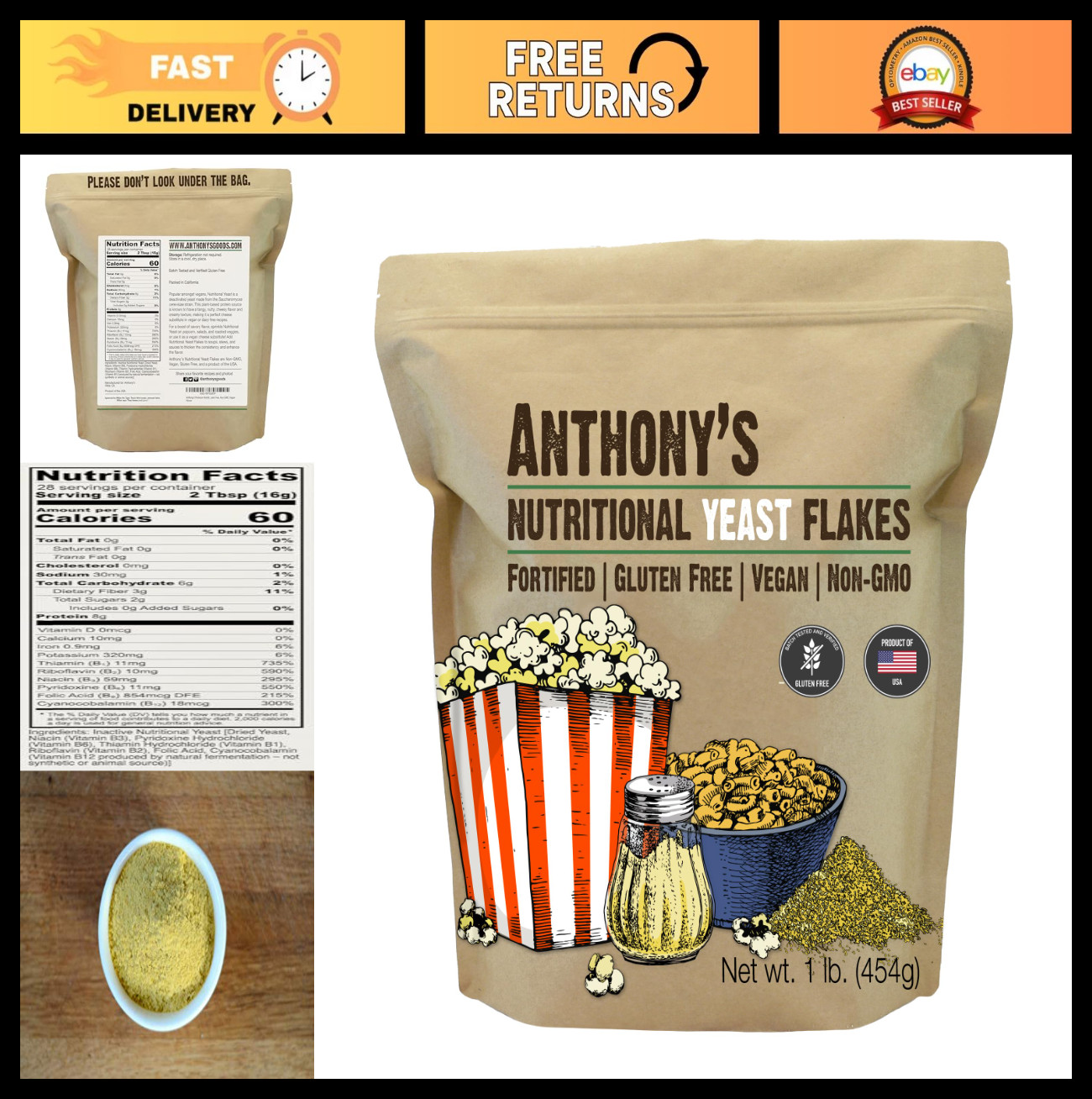 Nutritional Yeast Flakes 1 lb - Fortified, Gluten Free, Non-GMO, Vegan Superfood