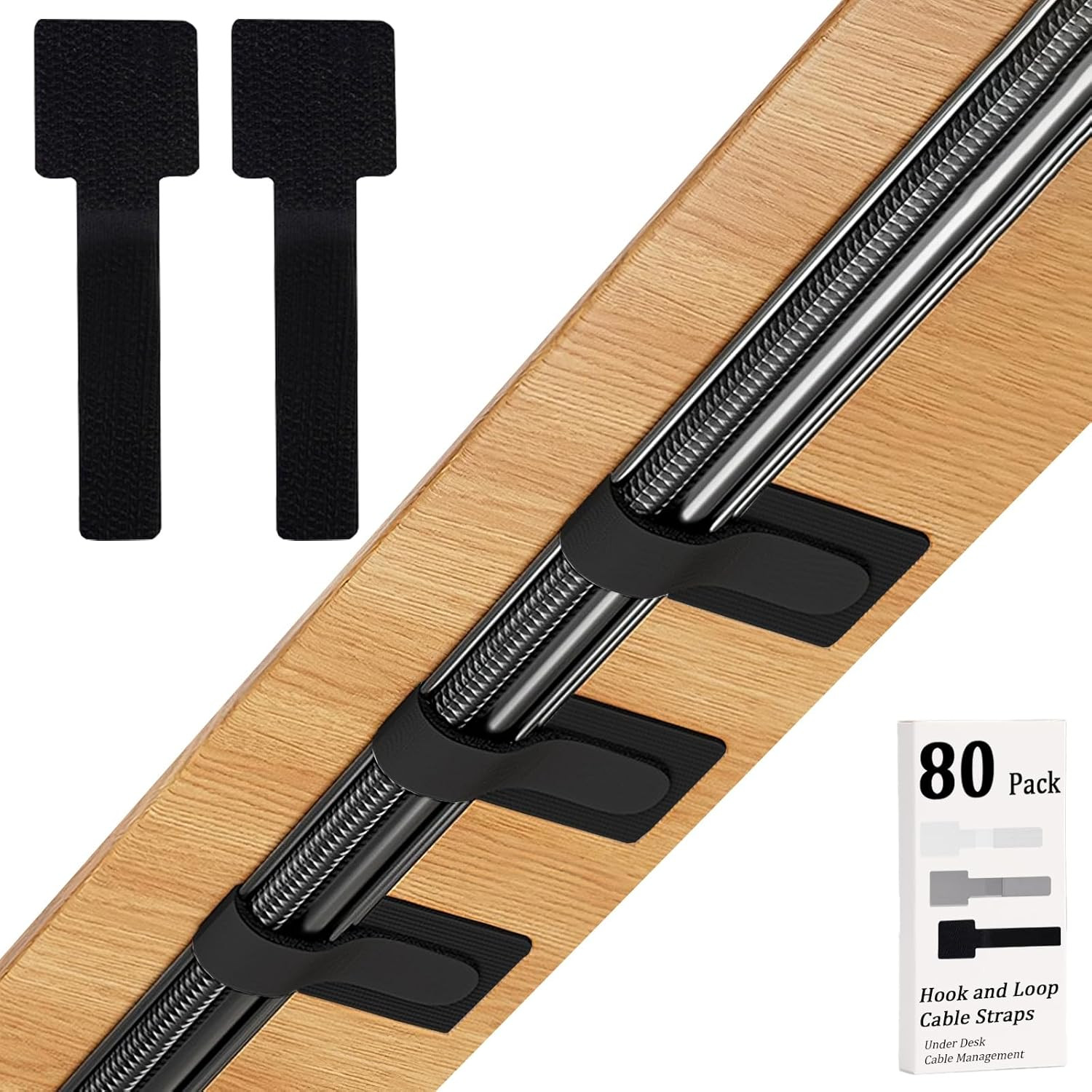 80PCS Hook and Loop Cable Straps, Cable Management under Desk, Adhesive Cable Ti