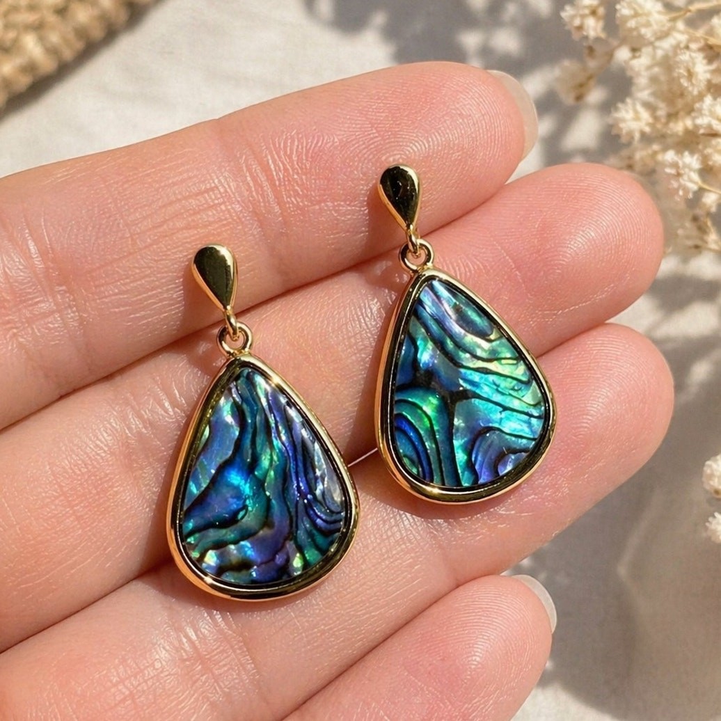 Abalone Teardrop Earrings 925 Sterling Silver Gold Tone Dangle Iridescent
