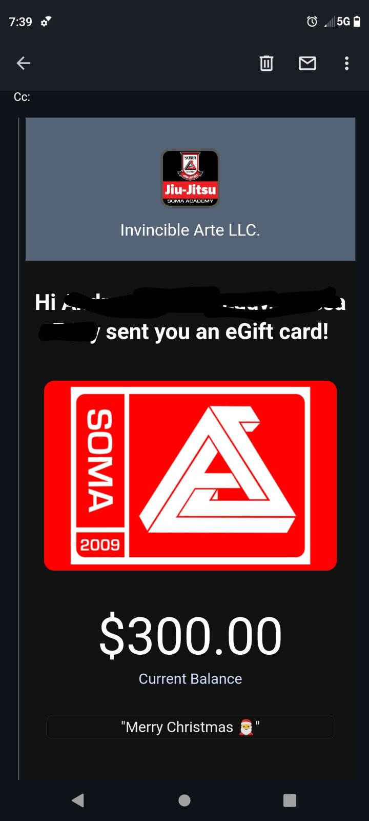 Soma BJJ egift card - this is an egift card to a local jiu-jitsu location