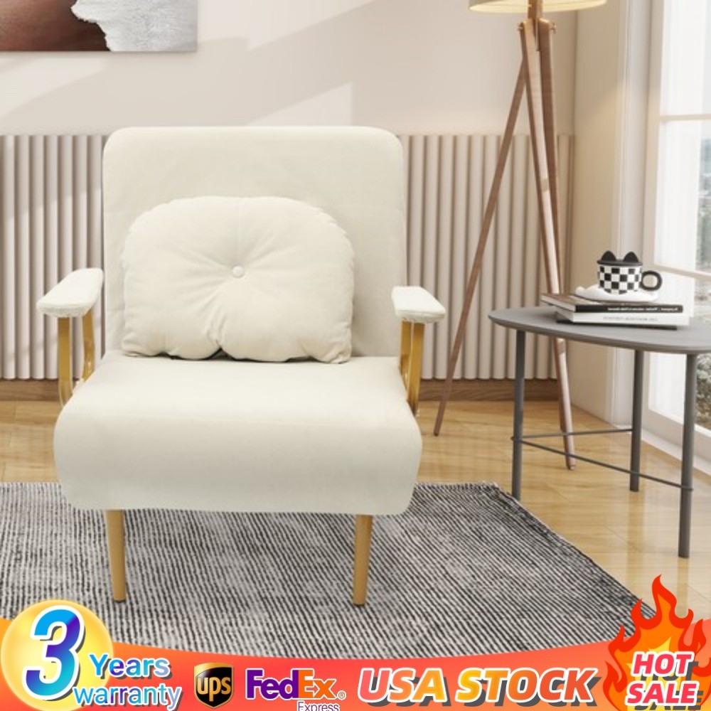 Folding Sofa Bed Chair 5 Gears Adjustable Chaise Lounge Lumbar Pillow White