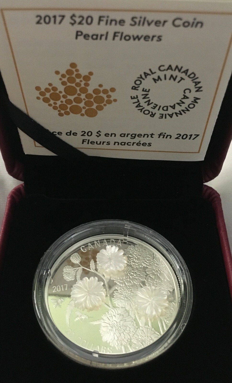 2017 $20 PEARL FLOWERS FINE SILVER COIN WITH MOTHER OF PEARL FLOWERS