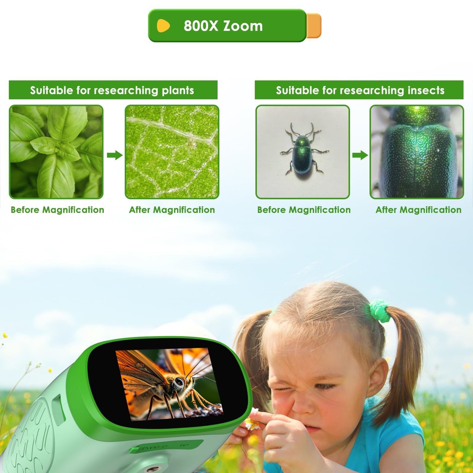 Digital Microscope for Kids, 3-in-1 2" IPS Screen Handheld Electronic Microsc...