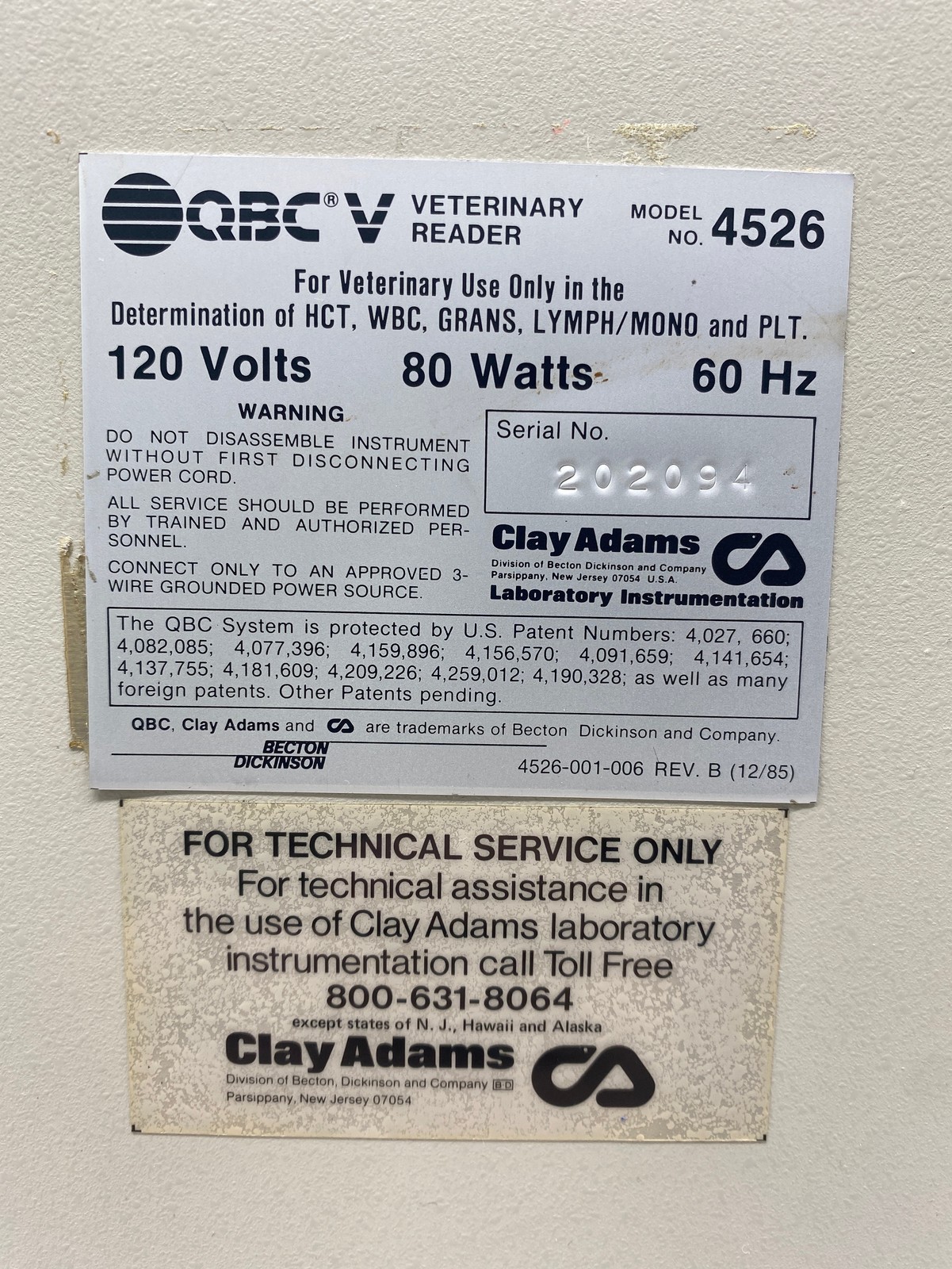 Clay Adams 4526 QBC®V Veterinary Reader Hematology Analyzer