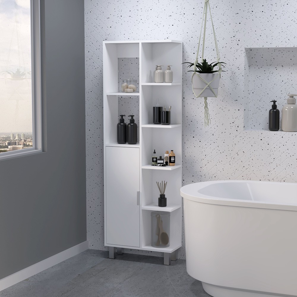 White Linen Cabinet Quimby with 1 Door and 9 Shelves Bathroom Storage