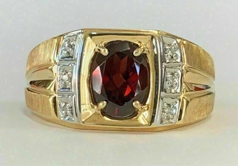14K Yellow Gold Plated Lab Created Red Garnet Men's Engagement Ring Oval Cut