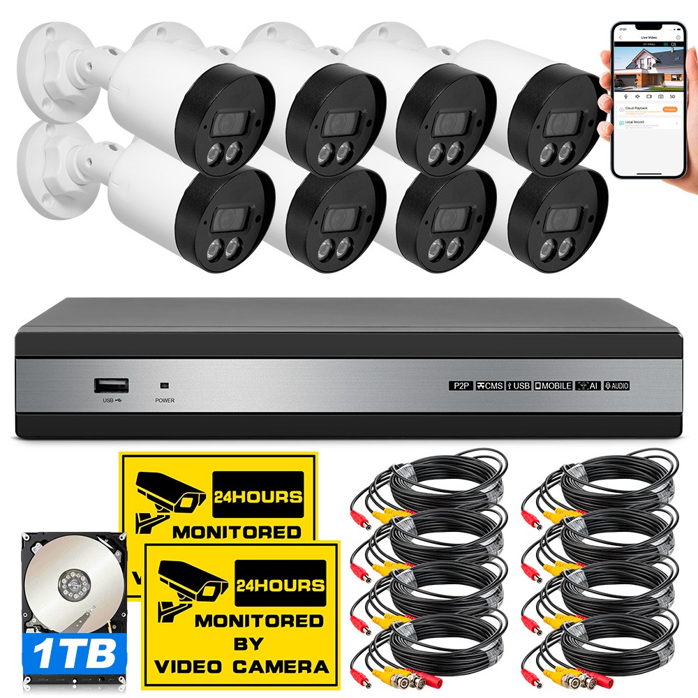 Villa Home CCTV Security System 8CH 5MP Outdoor Waterproof Cameras 6-in-1 DVR