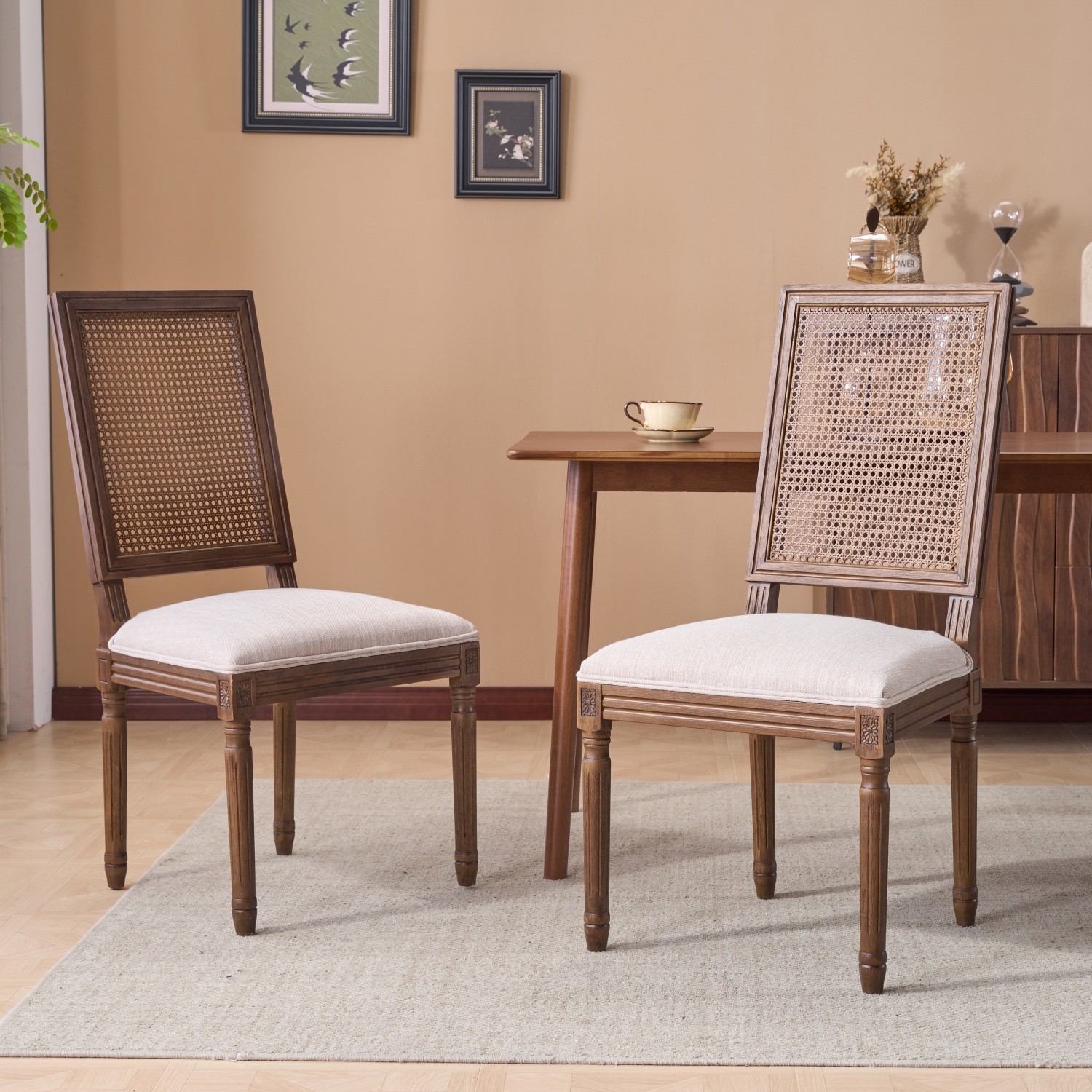 Set of 2 Rustic Upholstered Dining Chairs with Rattan Back & Solid Wood Frame