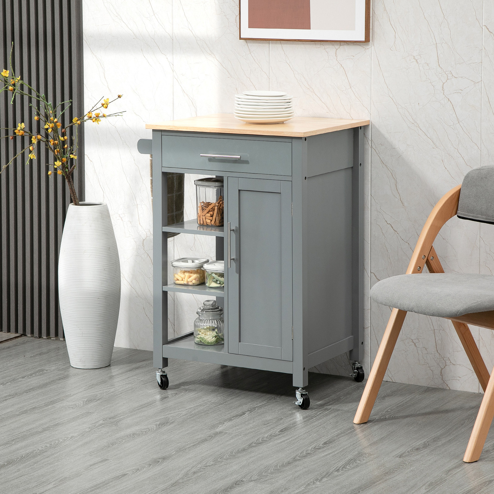 HOMCOM Kitchen Storage Island Utility Rolling Cart, Grey, Used
