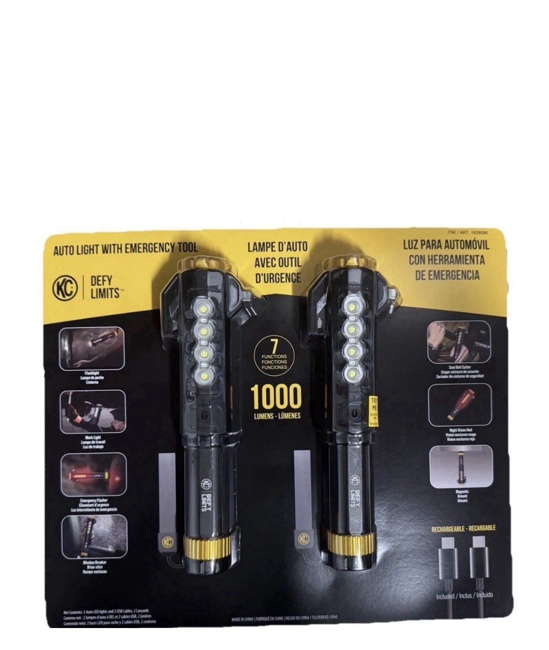 2 Pack KC Auto Light with Emergency Tool, 1000 Lumen Rechargeable Flashlight Set