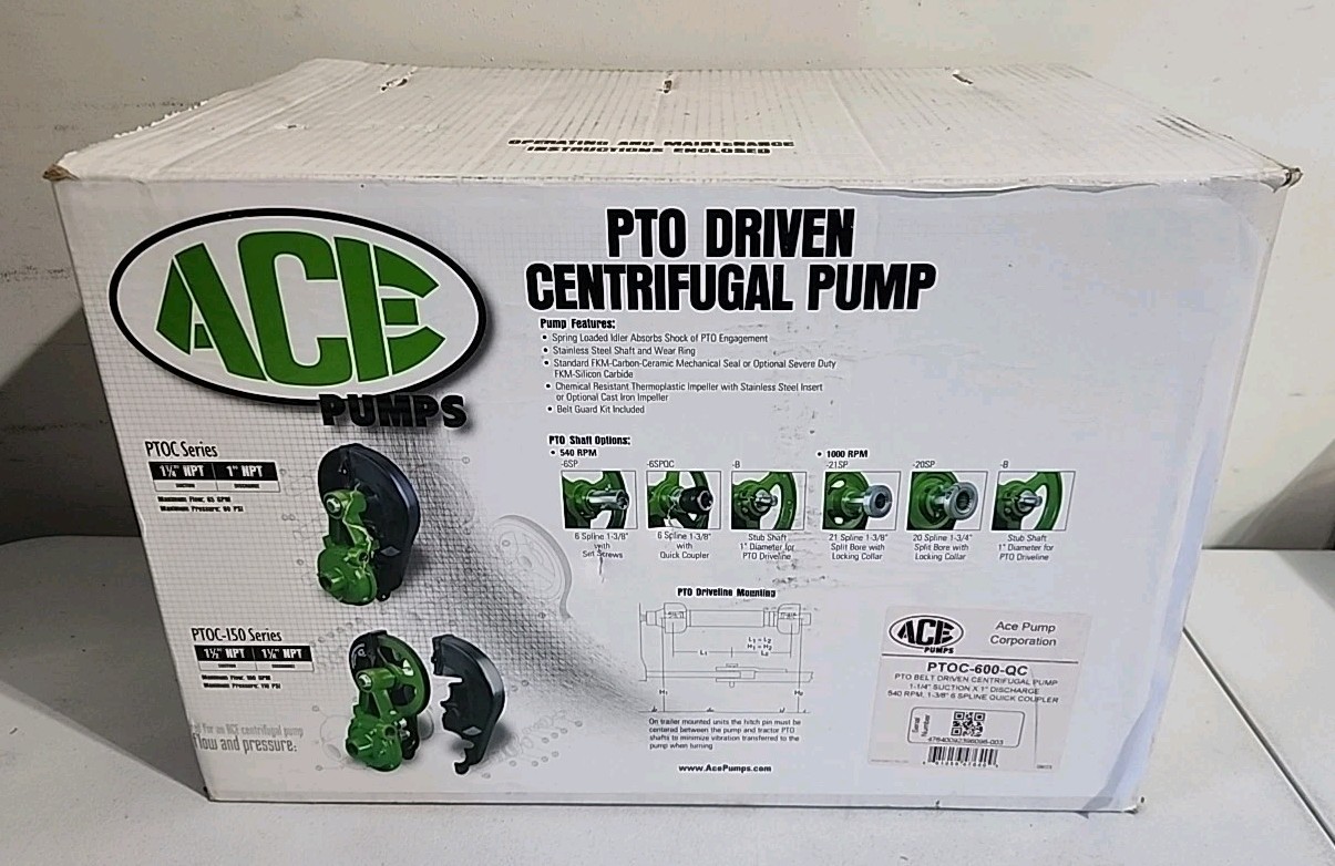 Ace Cast Iron PTO Belt Driven Centrifugal Pump 1.25" Suction x 1" Discharge