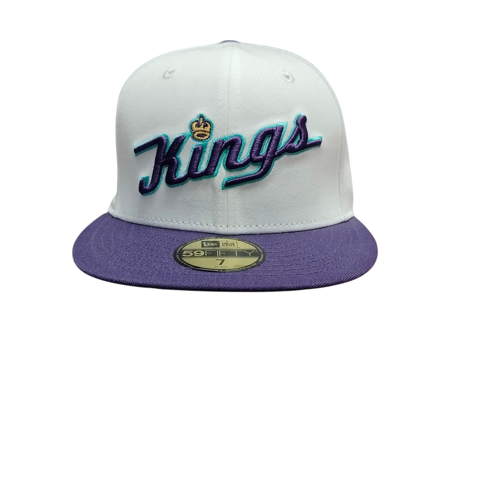 Queens Kings Hat Cap Fitted Mens 7 White Purple Baseball New Era 59FIFTY Script